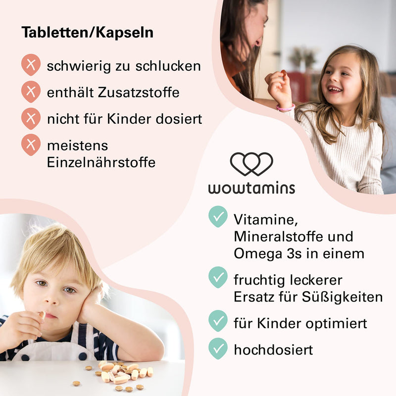wowtamins KIDS Complete sugar-free, delicious multivitamin as fruit gums with Omega 3s for children (120 pieces) - vitamin C, D3, K2, B12, zinc & more (sugar-free, pack of 1) 120 pieces (pack of 1) - NewNest Australia