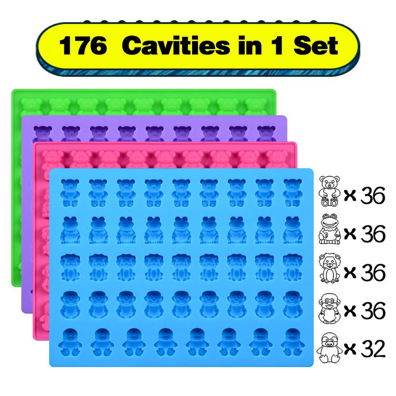 NewNest Australia - Silicone Candy Gummy Bear Molds - Chocolate Molds Including Bears, Frogs, Lions, Monkeys, Penguins Gummie Molds Premium Silicone BPA Free, Pinch Test Approved Pack of 4 with 2 Droppers 