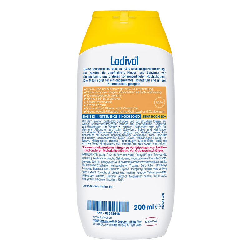 Ladival children's sun milk SPF 50+ - perfume-free sun protection lotion for children - without dyes and preservatives - waterproof - 1 x 200 ml milk SPF 50+ - NewNest Australia