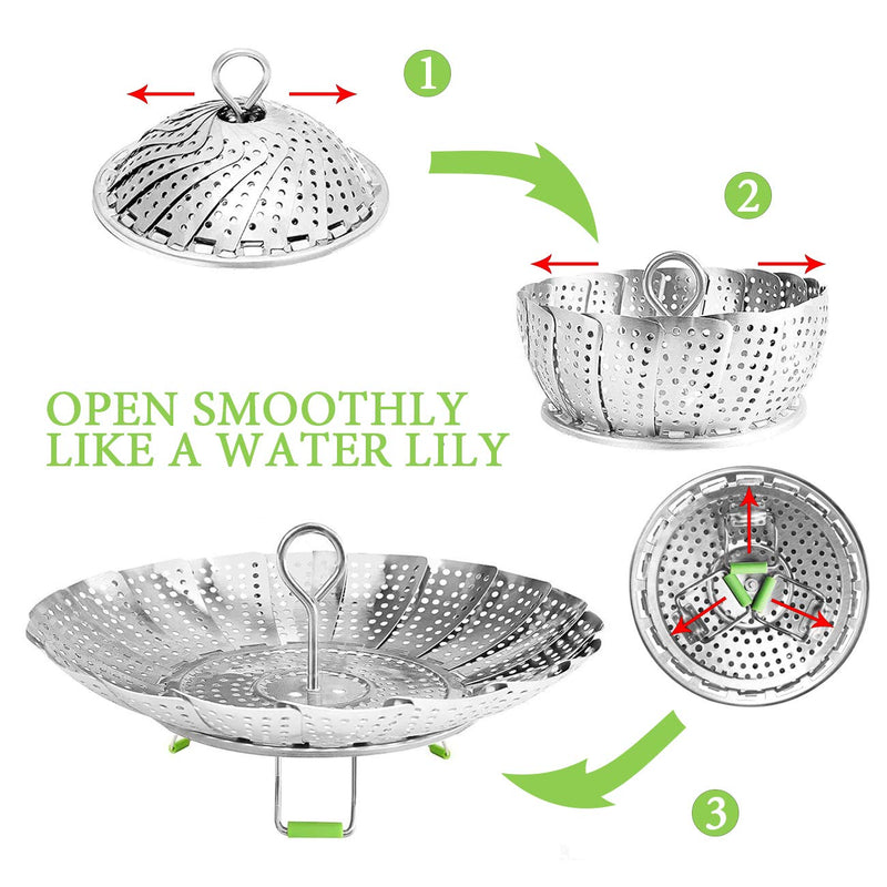 Vegetable Steamer Basket,Stainless Steel Folding Steamer Basket Insert for Cooking Veggies/Fish Seafood/Boiled Eggs with Safety Tool,Adjustable Sizes to fit Various Pots(5.5" to 9") 5.5" to 9" - NewNest Australia