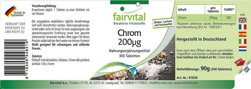 Fairvital | Chromium 200µg - High dose - 200mcg per tablet - Vegan - made from Chromium Picolinate - essential trace element - 300 tablets - NewNest Australia