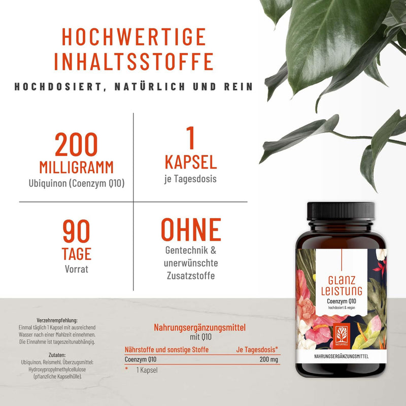 Naturtreu Coenzyme Q10 Capsules High Dose With 200 Mg Per Capsule - 90 Vegan Capsules For 3 Months Range - High-Quality Q10 From Vegetable Fermentation - Shine Performance - NewNest Australia