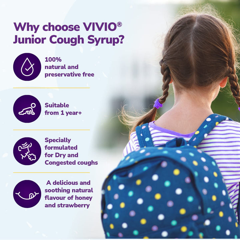 VIVIO Junior Cough Syrup - A Strawberry and Honey Flavour Preservative Free and Natural Cough Syrup for Dry and Congested Coughs in Children Aged 1 Year and Over - 140 ml - NewNest Australia