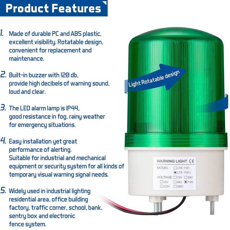 GKEEMARS Industrial Signal Alarm Tower Lamp LTE-1101J AC 110V, LED Rotating Strobe Warning Light with Buzzer for Emergency (Green) Green - NewNest Australia