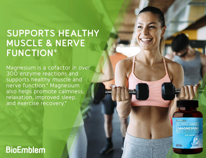 BioEmblem Triple Magnesium Complex | 300mg of Magnesium Glycinate, Malate, & Citrate for Muscle Relaxation, Sleep, Calm, & Energy | High Absorption | Vegan, Non-GMO | 90 Capsules - NewNest Australia