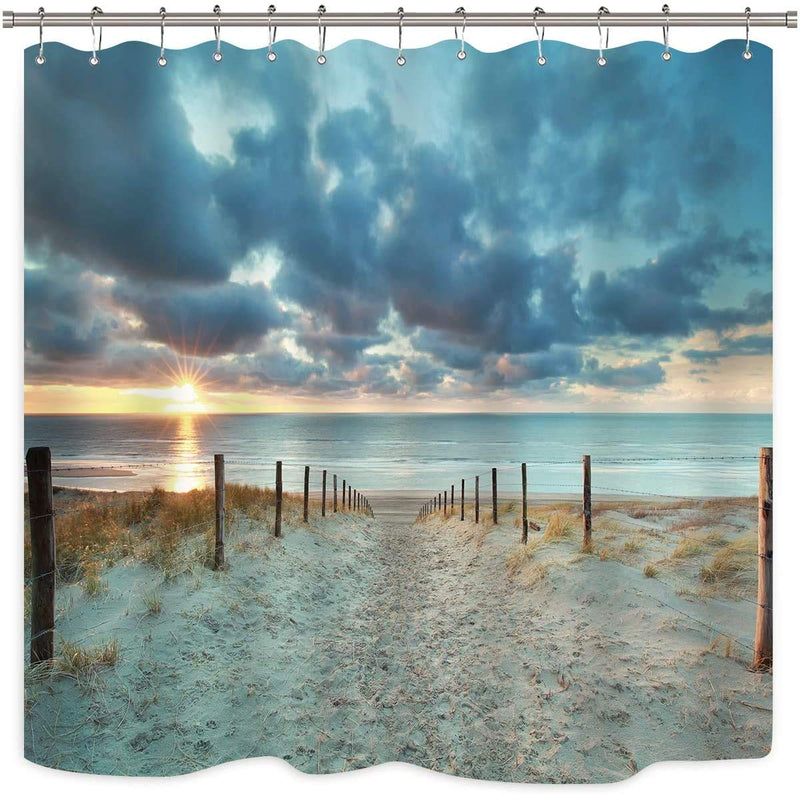 Riyidecor Ocean Beach Shower Curtain 72Wx72H Sunset Scenic Blue Sky Seaside Landscape Sand Decor Fabric Bathroom 12 Pack Plastic Shower Hooks Beach Scenic - NewNest Australia