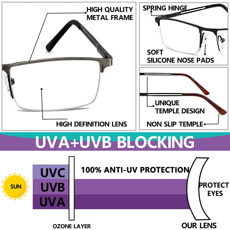 JJWELL 3PCS Men's Reading Glasses with Blue Light Filter, Blue Light Men's Reading Glasses, Rectangular Half Metal Reading Glasses Reading Aid, Anti-Eye Strain/UV, Anti-Blue Light Glasses with Vision 2.0 Black Gunmetal Brown 2.0 x - NewNest Australia