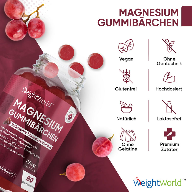 Magnesium Gummy Bears 125 Mg - 90 Magnesium Citrate Gummies - Without Gelatin & Vegan - For Sports & Electrolytes - Grape Flavor Minerals - Alternative To Sweets, Capsules & Tablets - By Weightworld - NewNest Australia