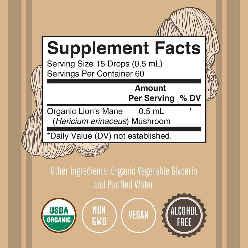 Lions Mane Mushroom Supplement | USDA Organic Lions Mane Extract | Nervine Neuroprotective Herbal Liquid Drops | Non-GMO, Vegan, Alcohol Free Tincture | 1 oz | 2 Month Supply - NewNest Australia