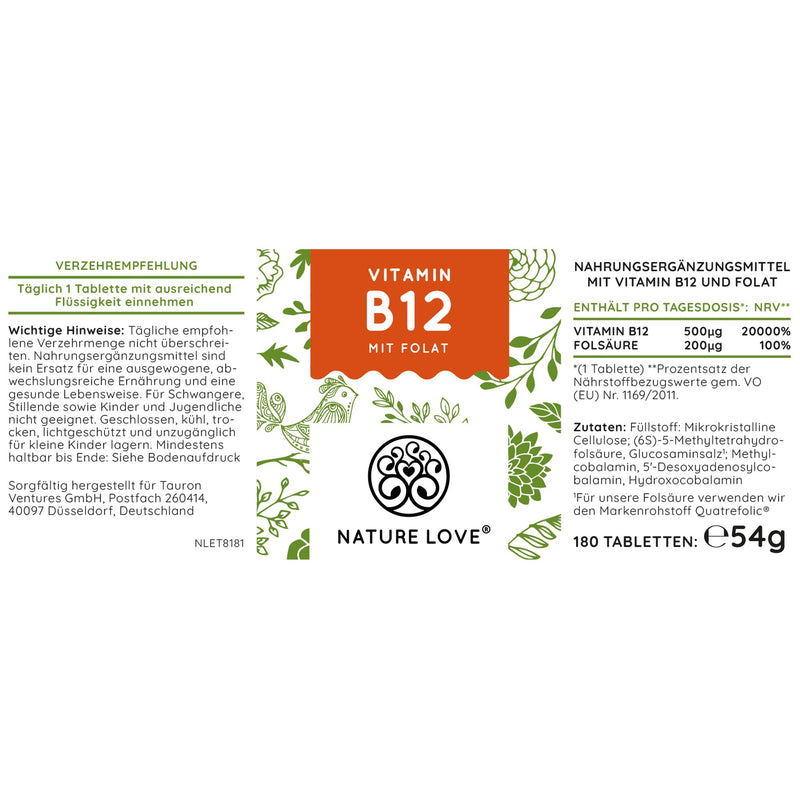 Nature Love Vitamin B12 ‚ Comparison Winner 2019* ‚ 1000 Œºg, 180 Tablets. Both Active Forms Of Adenosyl & Methylcobalamin + Depot + Folic Acid As 5-Mthf. Vegan, High Dosage, Made In Germany. - NewNest Australia