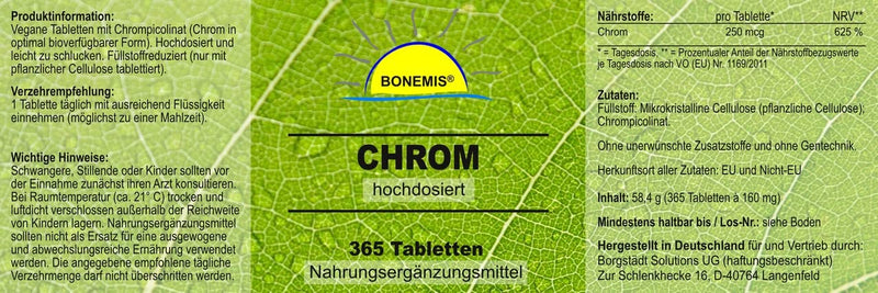 Chromium (chromium picolinate), 365 vegan tablets of 250 mcg, without unwanted additives, Bonemis® - NewNest Australia