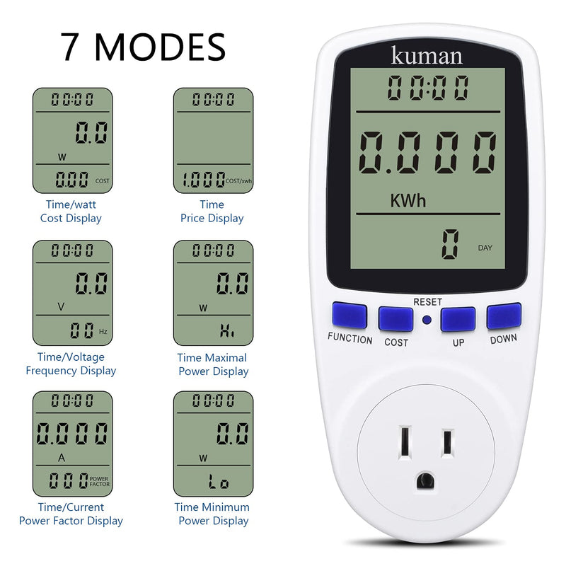 kuman KW47-US Electricity Usage Monitor Plug Power Watt Voltage Amps Meter with Digital LCD, Overload Protection and 7 Display Modes for Energy Saving (NO-Backlight), white - NewNest Australia