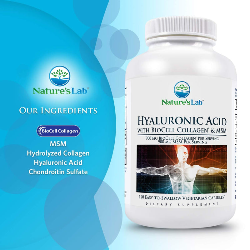 Nature's Lab Hyaluronic Acid with Biocell Collagen and MSM - Skin Hydration, Joint Health - 120 Capsules (40 Day Supply) - NewNest Australia