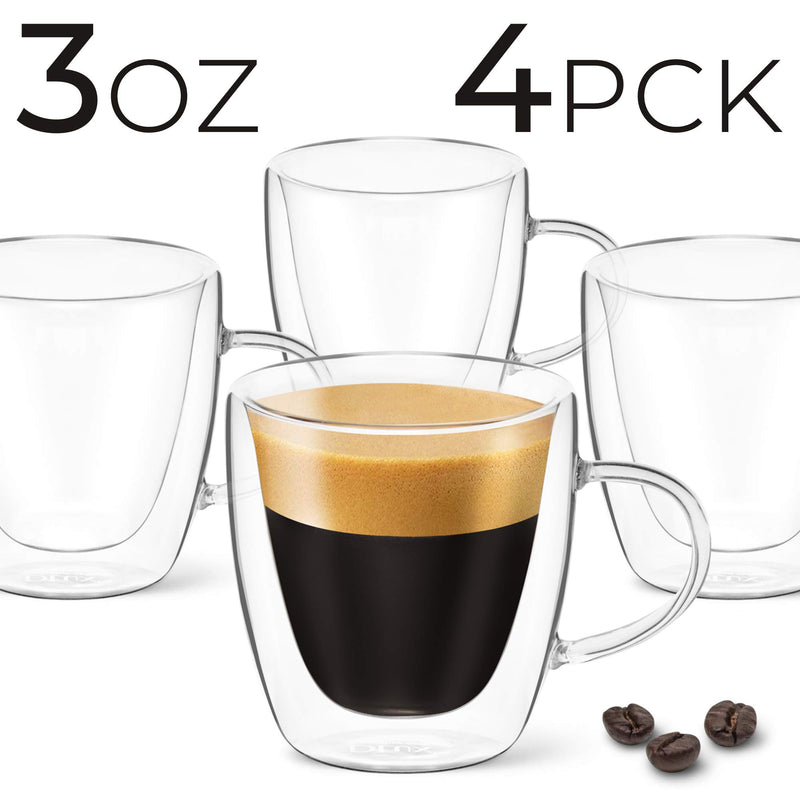 NewNest Australia - DLux Espresso Coffee Cups 3oz, Double Wall, Clear Glass set of 4 Glasses with Handles, Insulated Borosilicate Glassware Tea Cup 5. Pack of 4 - 3oz Borosilicate Cups with Handle 