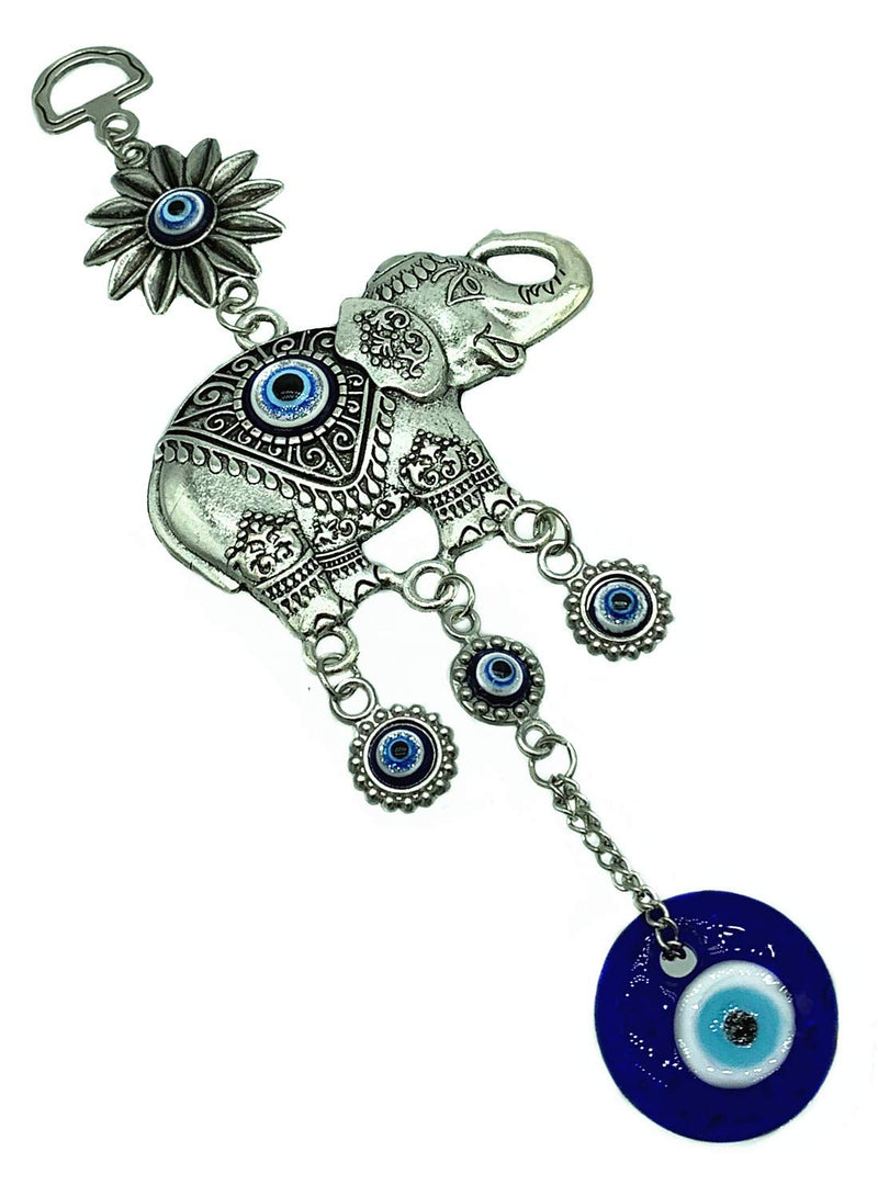 NewNest Australia - Betterdecor Turkish Blue Evil Eye with Lucky Elephant Wall Hanging Decor Ornament (with a Pouch) -Retro (Retro Silver) Retro Silver 