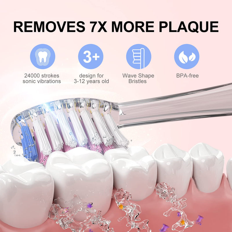 Seago Kids Electric Toothbrush, Sonic Rechargeable Children Power Toothbrushes Toddler Electric Toothbrush with 3 Dupont Brush Heads, Rainbow LED Light for Junior Boys and Girls Ages 3+ (Pink) Pink - NewNest Australia