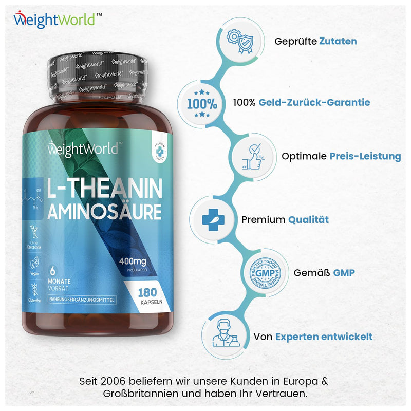 L-Theanine Amino Acid 400 Mg - 180 Vegan Capsules For 6 Months Supply - Made Without Gmo And No Magnesium Stearate - Gluten Free & Natural Ingredients - Amino Acid L-Theanine - Weightworld - NewNest Australia