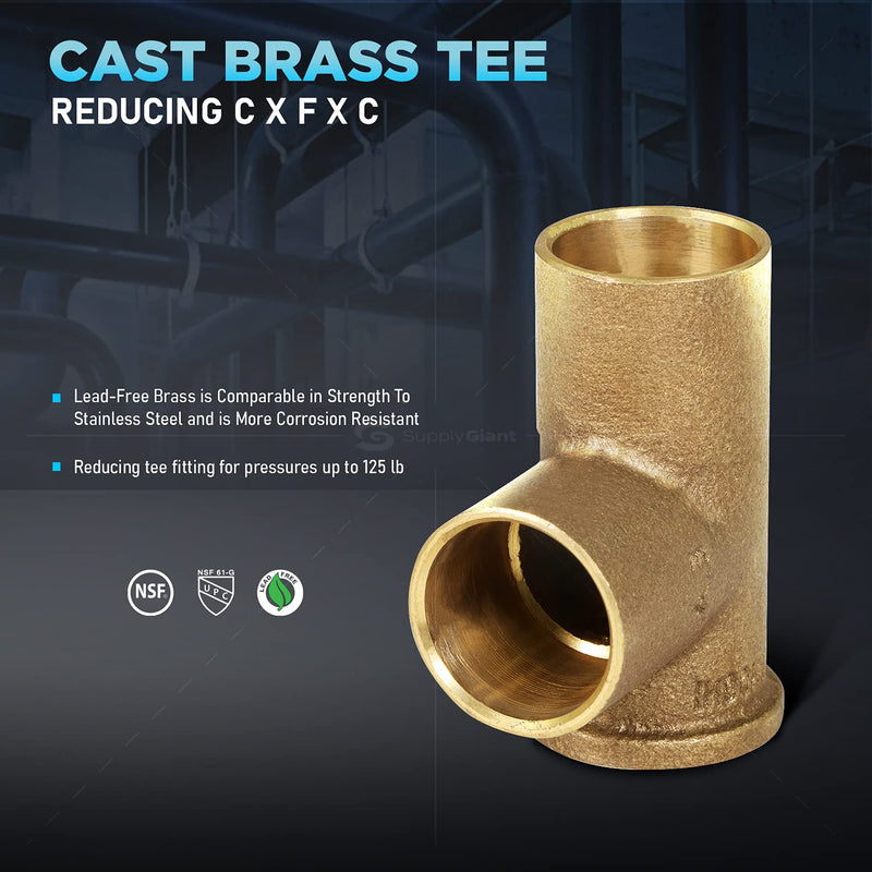 Supply Giant DGDU1341 Cast Brass Lead Free Tee Fitting Female Thread Connection and Solder Cup Branch, 3/4" x 1, 1" x 3/4" x 1" - NewNest Australia