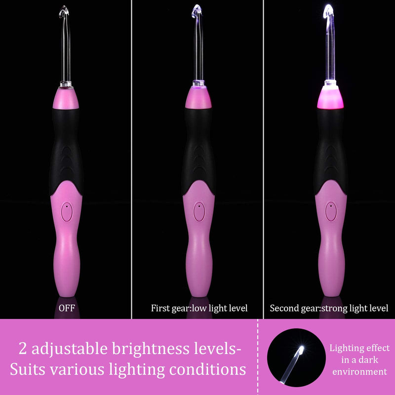 11 Sizes Lighted Crochet Hooks Set Rechargeable Crochet Hook Light Up Crochet Hooks with Case, Interchangeable Heads 2.5 mm to 8 mm for DIY Craft Supplies (Pink-Black) Pink-Black - NewNest Australia