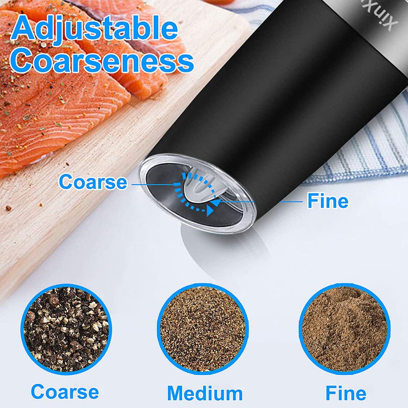 XinXu Gravity Automatic Pepper and Salt Mill, Stainless Steel, Adjustable Coarseness with Blue LED Light, One Hand Operated, Come with Brush, Gift Ideal for Housewarming, Black Black 2X - NewNest Australia