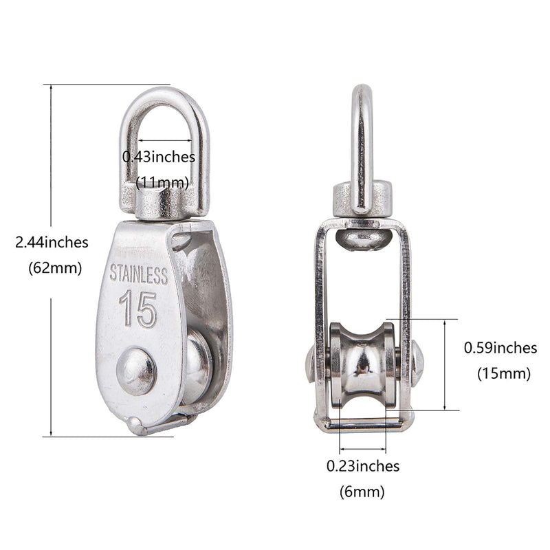 6Pcs 304 Stainless Steel M15 Single Pulley Block, Wire Rope Hanging Wire Towing Wheel, with 6Pcs Spring Snap Hook M15-6pcs - NewNest Australia