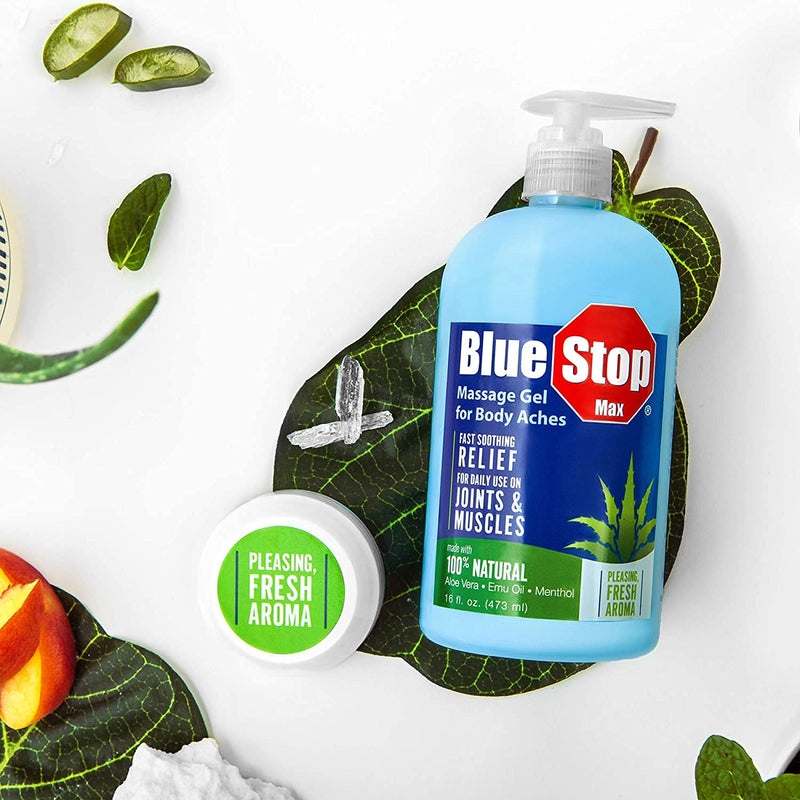 Blue Stop Max Massage Gel and Muscle Rub Made with Aloe Vera, Emu Oil, and Menthol - Provides Muscle, Joint, and Body Ache Relief - Non-Greasy for Everyday Relief - 16 Oz Pump Bottle 1 - NewNest Australia