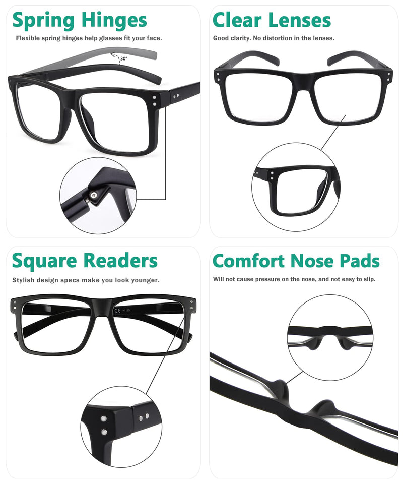 Eyekepper Pack of 5 women's and men's reading glasses with large square lenses and spring hinges - black +1.50 5 pieces in black 1.5 diopters - NewNest Australia