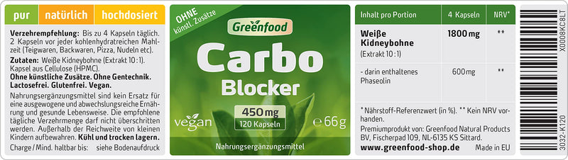 Carbo Blocker, 450 mg, high dose (White Kidney Extract, 10:1), 120 capsules - rich in natural phaseolin. WITHOUT artificial additives. Without genetic technology. Vegan. 120 pieces (pack of 1) - NewNest Australia