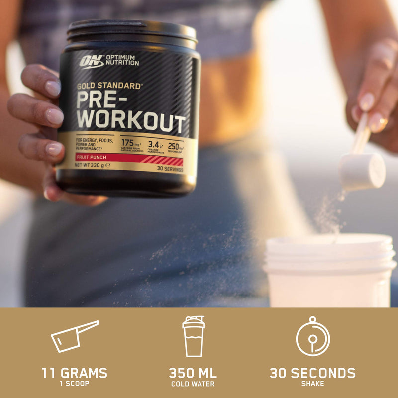 Optimum Nutrition Gold Standard Pre Workout Powder, Energy Drink with Creatine Monohydrate, Beta Alanine, Caffeine and Vitamin B Complex, Fruit Punch, 30 Servings, 330g, Packaging May Vary - NewNest Australia