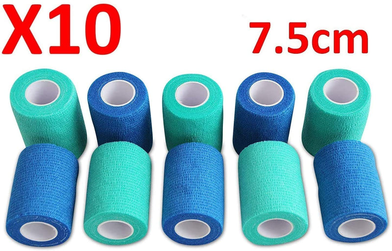 PintoMed - 5 BLUE + 5 GREEN Cohesive Bandage Stretched 10 Rolls x 7.5cm x 4.5m Self-adhesive Flexible Bandages, Professional Quality, First Aid Sports Wrap Bandages - Pack of 10 - NewNest Australia