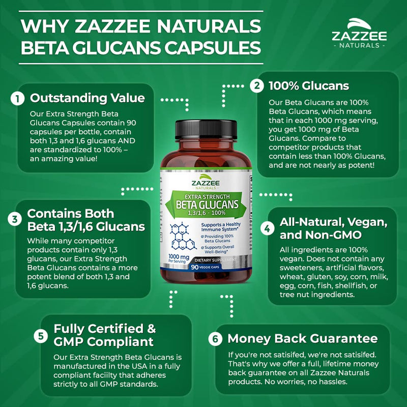 Zazzee Extra Strength 1,3/1,6 Beta Glucans 1000 mg, 100% Glucan Content, 90 Vegan Capsules, Supports a Healthy Immune System, Non-GMO and All-Natural - NewNest Australia