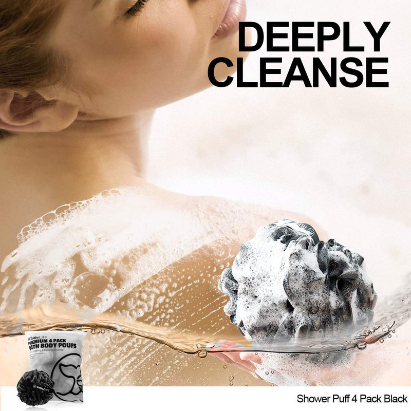 Shower Puff 4 Pack Black Bath Sponge Shower Loofahs Pouf Ball Nature Bamboo Charcoal Mesh Bulk Puffs Large, Shower Essential Skin Care by WhaleLife - NewNest Australia