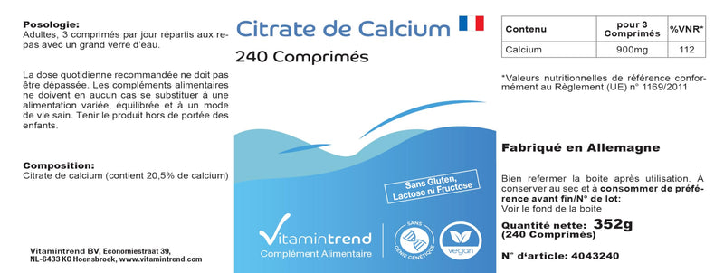 Calcium 900mg - made from calcium citrate - 240 vegan calcium tablets - high dosage | Vitamintrend® - NewNest Australia