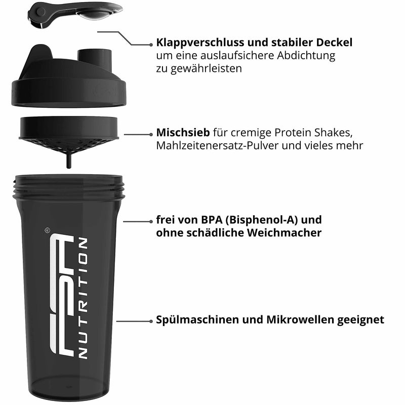 FSA Nutrition Shaker Protein Shake - 800 ml - BPA free - leak-proof - premium quality - with scale - protein shaker - with sieve for lump-free shakes - black - NewNest Australia