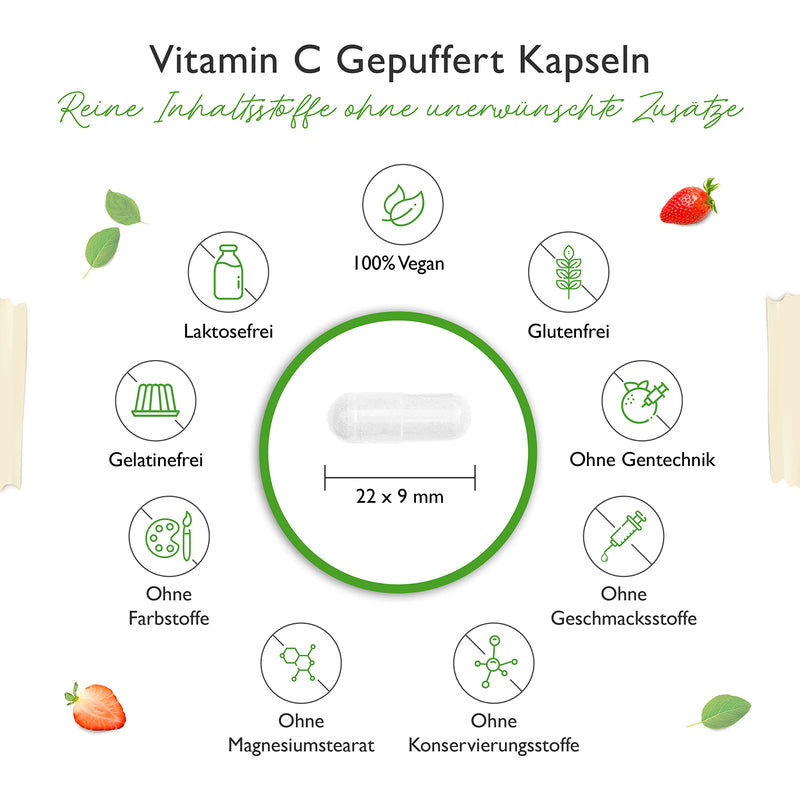 Buffered vitamin C - 365 capsules - Highly dosed with 1000 mg of vitamin C per daily dose - From plant-based fermentation - pH-neutral & very well tolerated - Laboratory tested - Vegan - NewNest Australia