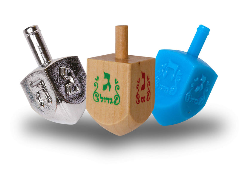 NewNest Australia - Ner Mitzvah Mini Menorah Set - Menorah, 44 Mini Candles, 3 Dreidels, Play Coins 