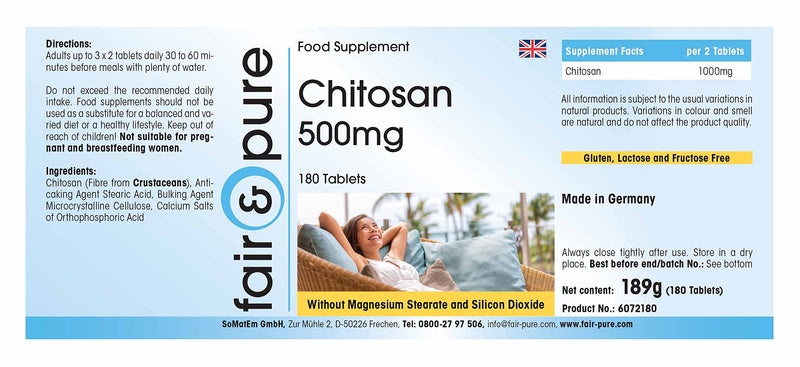 Fair & Pure® - Chitosan 500mg - high dosage - natural fiber - without magnesium stearate - 180 chitosan tablets - NewNest Australia