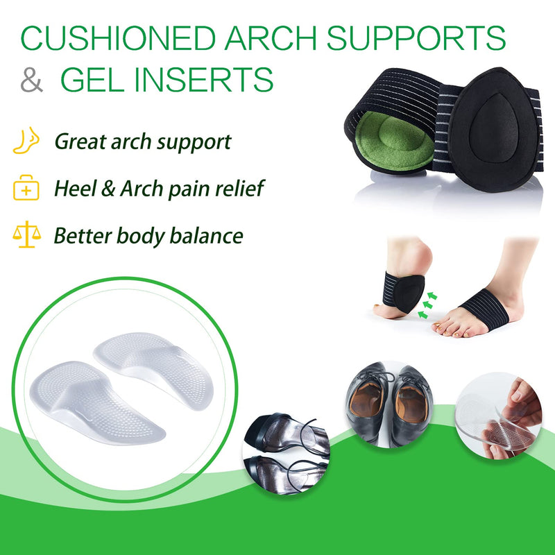 Plantar Fasciitis Relief & Recovery Kit - 9 Pieces - Foot Care Compression Sleeves, Silicone Heel Protectors, Massage Ball, Cushioned Arch Supports & Inserts –Pain Relief & Increase Circulation S/M - NewNest Australia