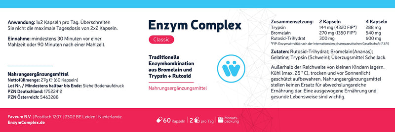Enzyme Complex Classic - With high-dose bromelain pineapple enzyme + trypsin + rutoside - monthly pack with 60 enzyme capsules - traditional systemic enzyme combination - NewNest Australia