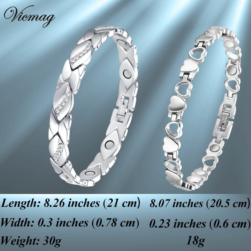 Vicmag 2PCS Titanium Steel Magnetic Bracelets for Women with Ultra Strength 3500 Gauss Magnets, Neat and Sparkly Crystal Love Style Design, Gift Box with Adjustment Tool (Crystal Silver) Crystal Silver - NewNest Australia