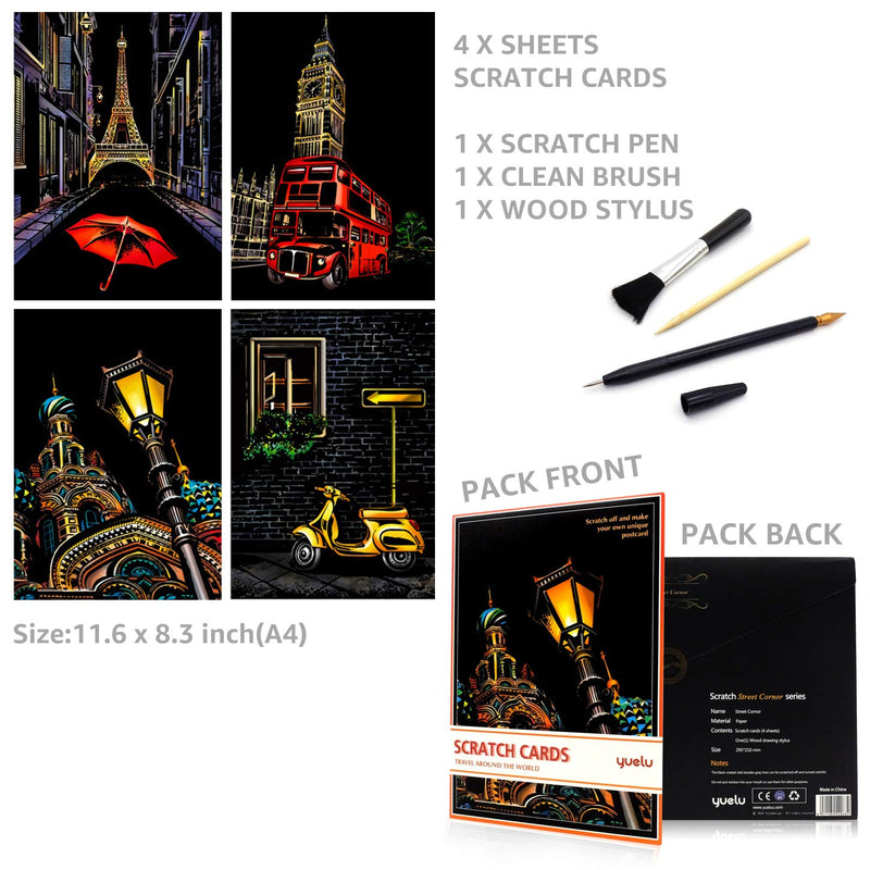Scratch&Sketch Art Paper(A4) for Kids&Adults, Rainbow Painting Night View Scratchboard, Art&Craft, Engraving Art Set: 4 Scratch Cards & Scratch Drawing Pen, Clean Brush (Street Corner) Street Corner - NewNest Australia