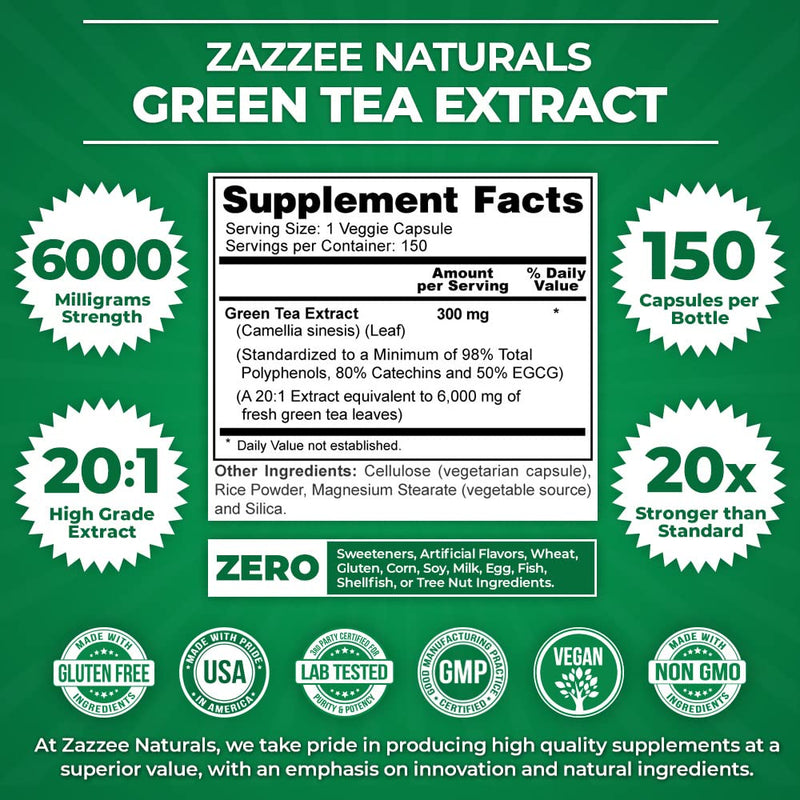 Zazzee Extra Strength Green Tea 20:1 Extract, 6000 mg Strength, 150 Vegan Capsules, 50% EGCG, 98% Polyphenols and 80% Catcehins, Potent 20x Extract, Up to 5 Month Supply, Vegan, All-Natural - NewNest Australia