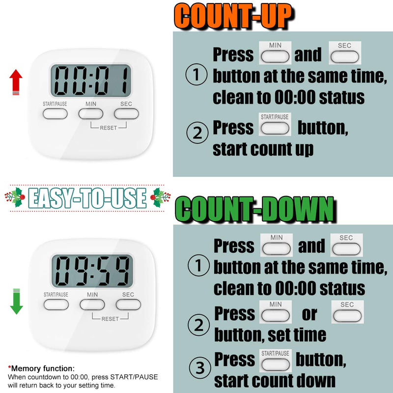 NewNest Australia - Kitchen Timer, 2 Pack Digital Kitchen Timers [ 2020 Version ] Magnetic Countdown Timer with Loud Alarm, Big Digits, Back Stand for Cooking, Classroom, Bathroom, Teachers, Kids - AAA Battery Included 2 Pack Timer W/ Battery- Senior White 