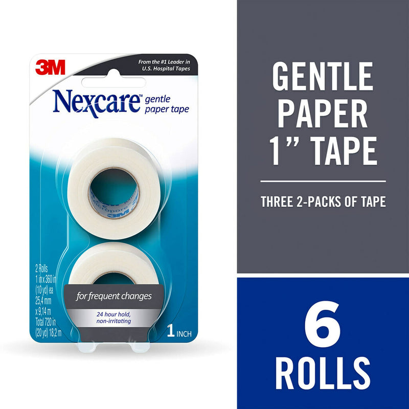 Nexcare Gentle Paper First Aid Tape, Ideal for Securing Gauze and Dressings, 6 Pack, 1 in x 10 yds, Carded 6 Count (Packs of 2) - NewNest Australia