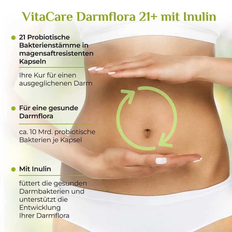 Vitacare Intestinal Flora 21+ / Bacterial Cultures - Culture Complex With Inulin - 21 Bacteria Strains With Prebiotic - 180 Vegan Enteric Juice-Resistant Capsules - NewNest Australia