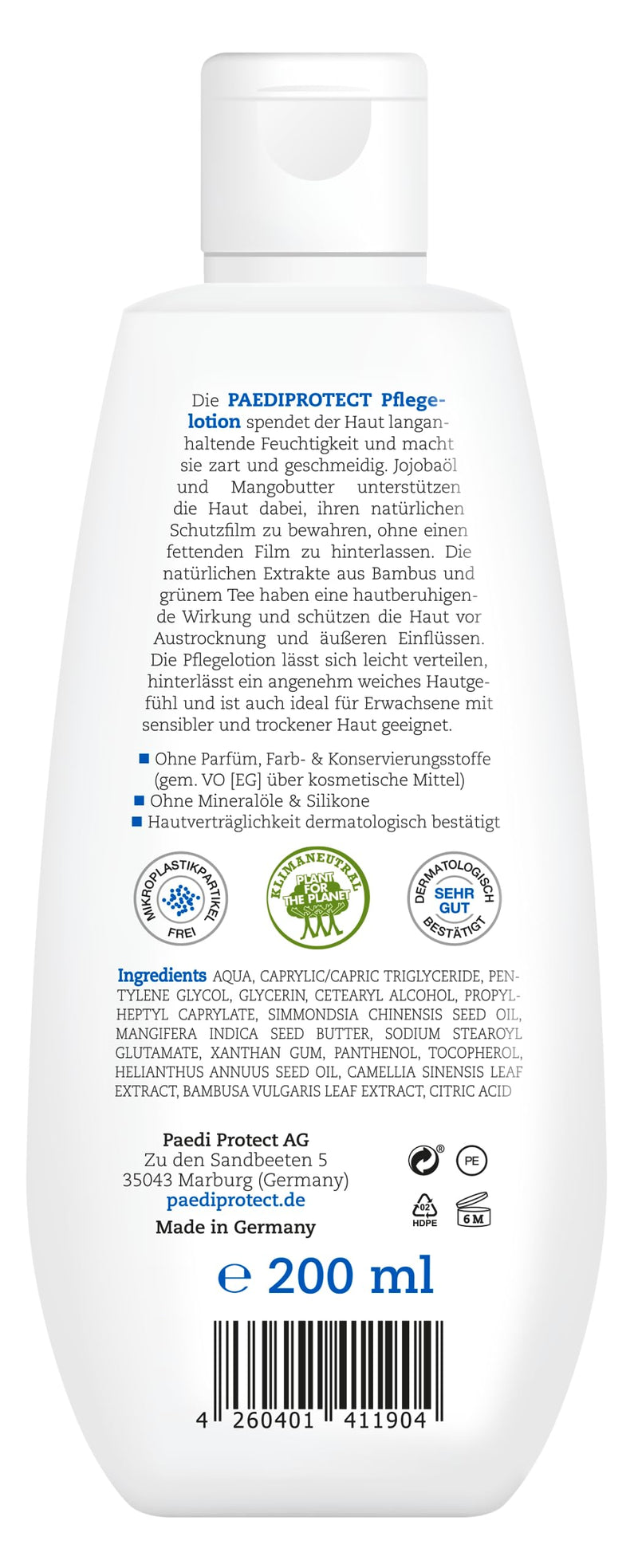 PAEDIPROTECT care lotion for babies and children 200 ml, care lotion with panthenol, moisturizer with jojoba oil and mango butter, for sensitive and dry baby and children's skin, vegan lotion 200 ml (pack of 1) - NewNest Australia