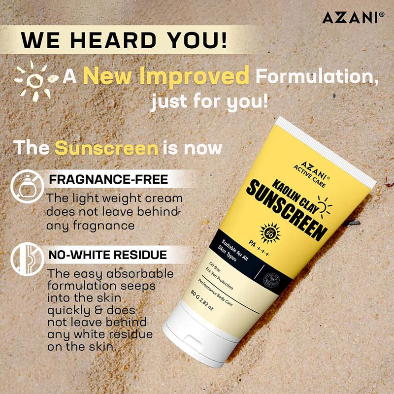 Azani Active Care Kaolin Clay Mineral Sunscreen | SPF 50, PA+++, Natural Detoxifying | Oil free & UV protection (Men & Women) - 80gm 80 ml (Pack of 1) - NewNest Australia