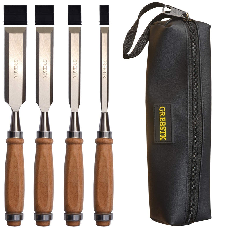 GREBSTK 4 Piece Wood Chisel Tool Sets Sturdy Chrome Vanadium Steel Chisel Beech Handles Woodworking Tools, 4PCS, 1/4 inch,1/2 inch,3/4 inch,1 inch (Leather Bag) 3#chisel - NewNest Australia