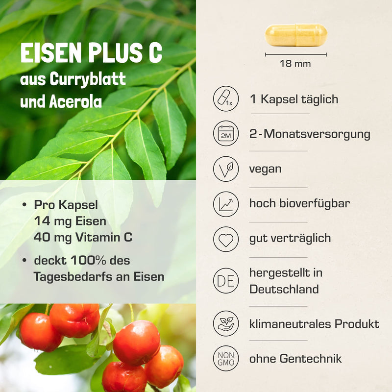 Vegetable iron from curry leaf with 40 mg of natural vitamin C from acerola | in the glass | Iron with 100% NRV | Vegan | Only 1 capsule daily | 2 month supply - NewNest Australia