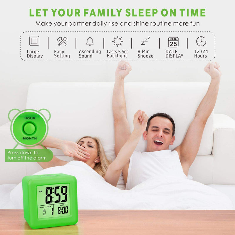 NewNest Australia - Plumeet Digital Alarm Clocks Travel Clock with Snooze and Green Nightlight - Easy Setting Clock Display Time, Date, Alarm - Ascending Sound - Battery Powered (Green) 